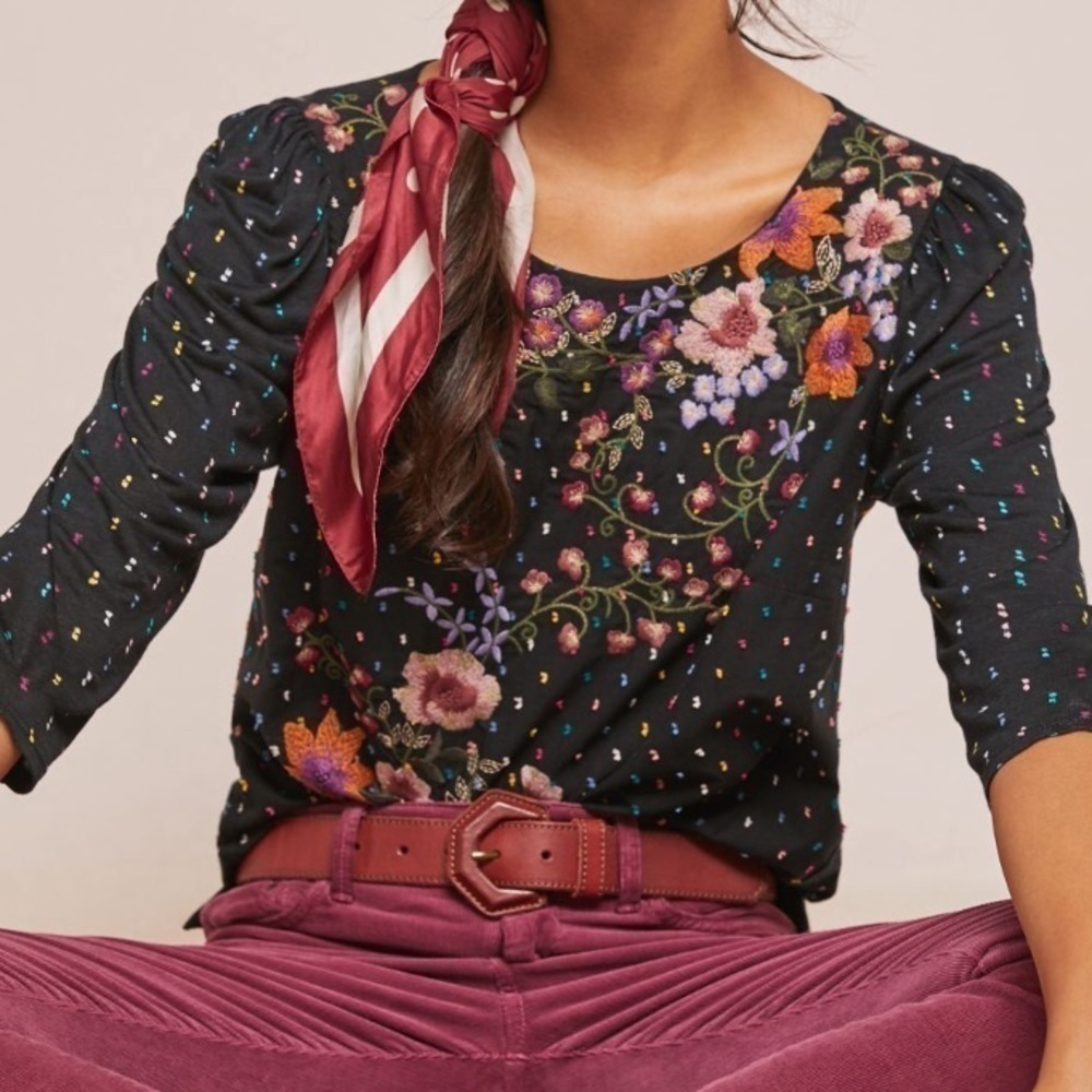 𝅺ANTHROPOLOGIE One September Blanche Embroidered Top